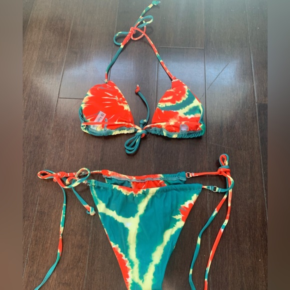 Halter Ribbed Tie Dye String Tanga Bikini, Size Small - Picture 3 of 6